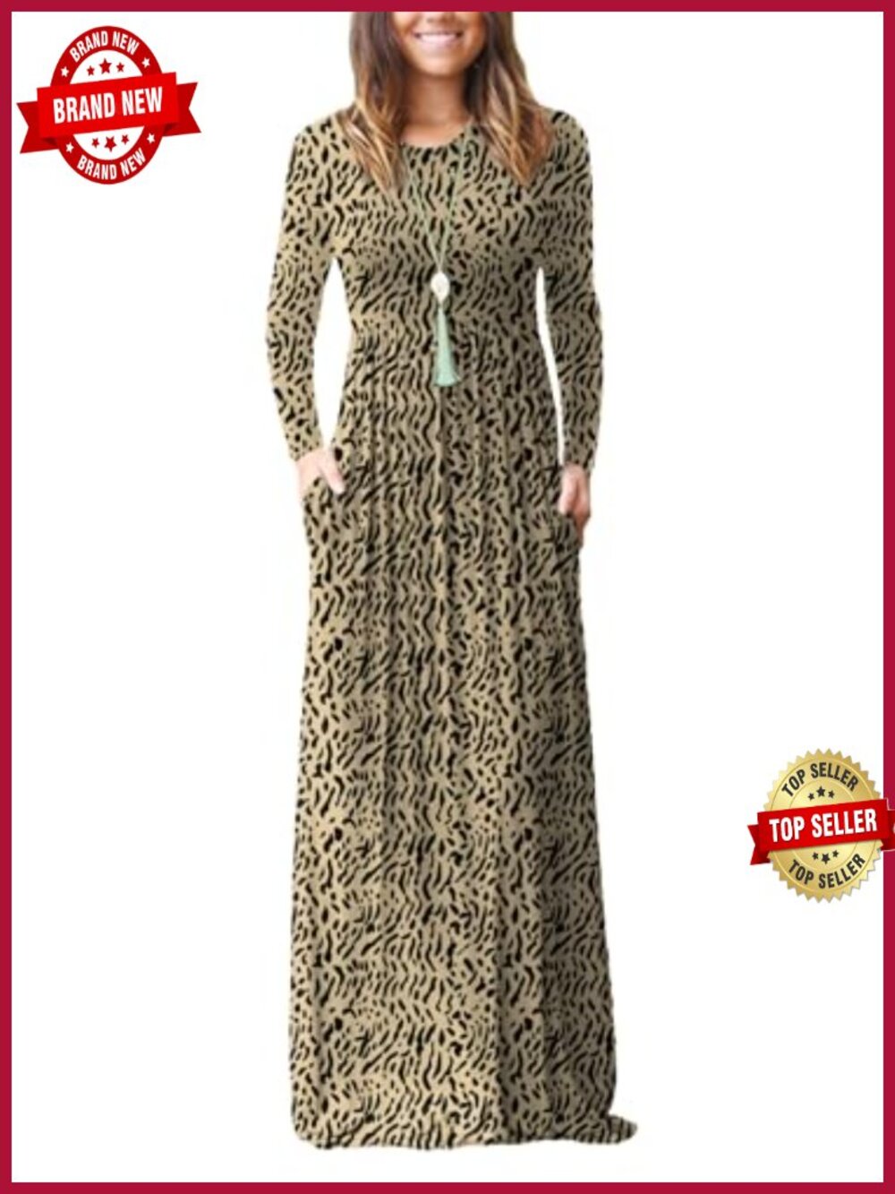 Women's Long Sleeve Loose Maxi Dress with Pockets, Casual Flowy Rayon Spandex